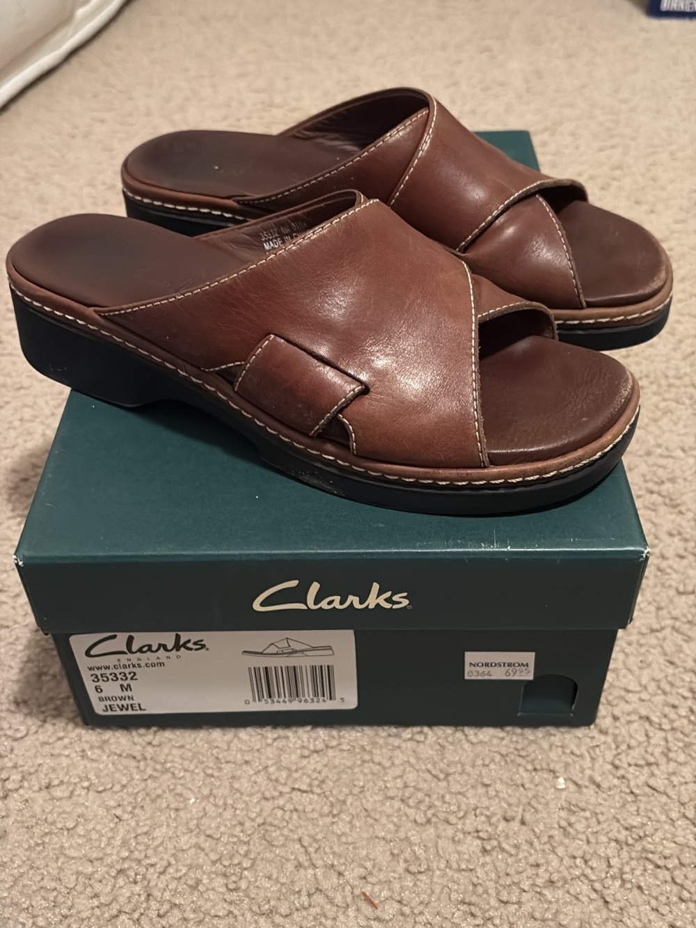 Clarks Brown Leather Slip-On Sandals
